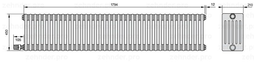 Схема (чертеж) Радиатор Zehnder Charleston 6045/39 №V003 Белый глянцевый RAL 9016